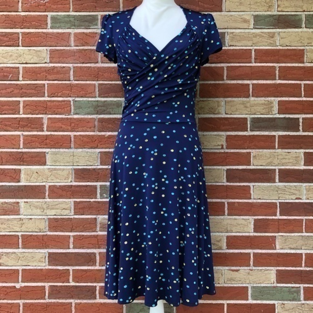Leota Americano Polka Dot Surplice Blue Yellow Green Short Sleeve Dress 👗